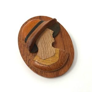 Vintage handmade Art Deco-style wood marquetry cameo lady brooch / pin